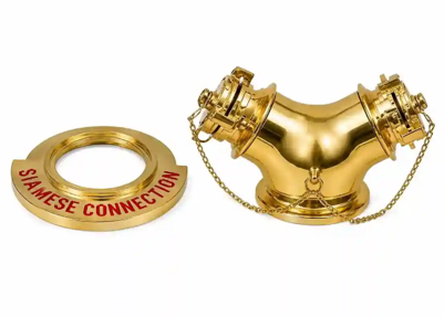 Siamese Brass S7 VDH – Sambungan Hydrant Kuningan 4\" × 2.5\" × 2.5\"